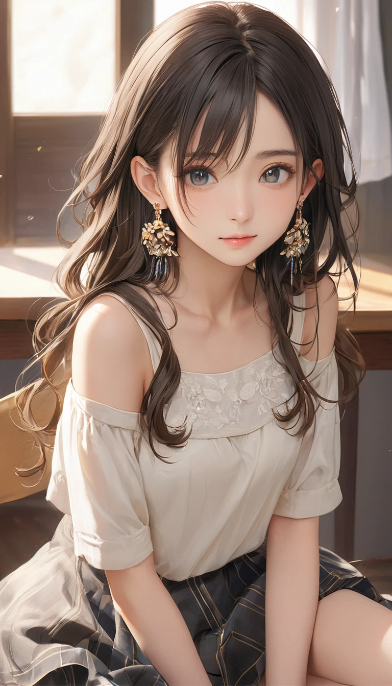 (masterpiece, Highest quality:1.2), One girl, alone,bony body、15 years old、Side lock hair、Earrings