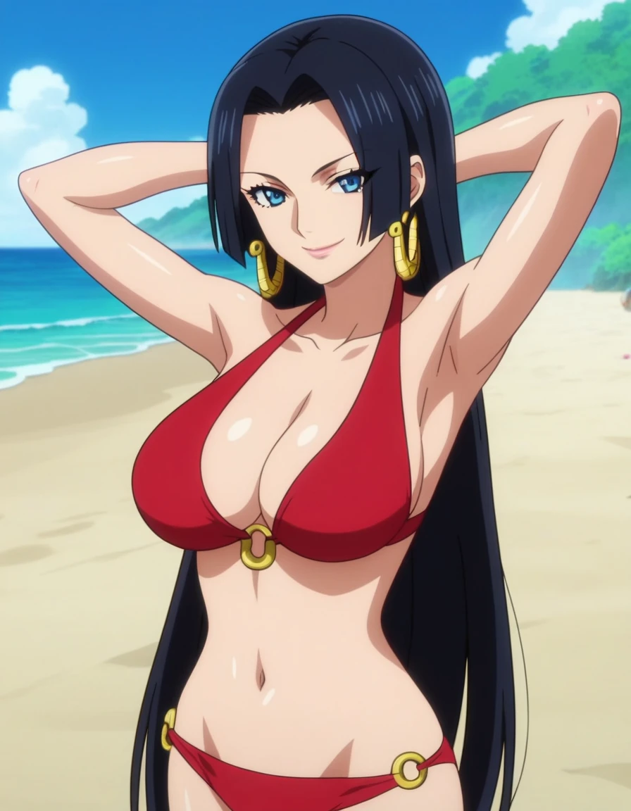 score_9, score_8_up, best quality, source_anime, anime screencap, one_piece_style, Boa Hancock, black hair, long hair, blue eyes, large breasts, bikini, looking at viewer, smile, cleavage, dynamic angle, standing, looking at viewer, beach, arms behind head