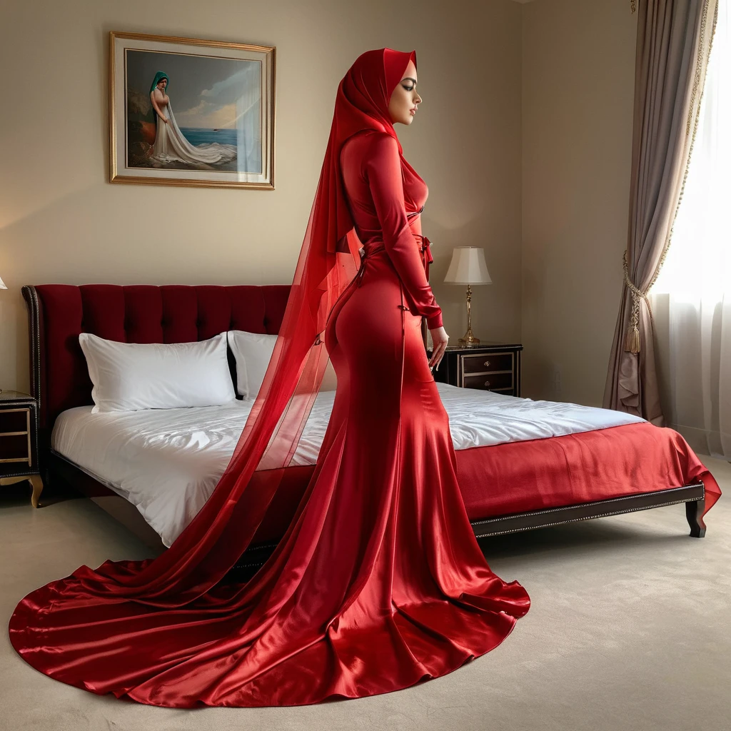 a woman in the translucent silk red gown, tight full body tied, satin sheet, nipple on with nipple piercing, wearing translucent veils, satin hijab, full body, long satin,mermaid tight long gown, flowy dramatic long gown, tall women, satin bed, strugle to walk, wear high heels, satin bed, masterpice 