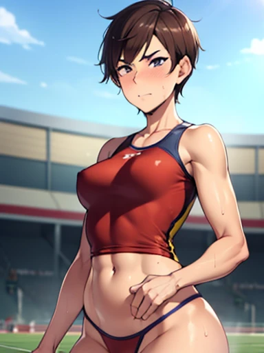 NSFW,Track and field uniform,Belly button,(((Mature Woman,Shyness))),tom boy,Red face,Watery eye,Shyness,Short Hair,Outdoor,Famous meeting points,lowrise bottom,