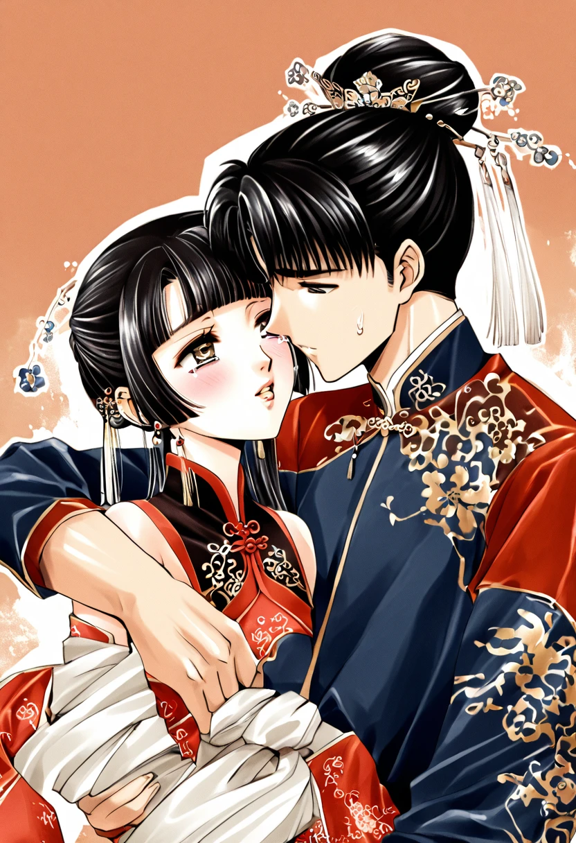 Period drama manga style　A -yeld su beautiful Chinese girl with black hair in a bun cut(1 person)　She is wearing a royal long-sleeved Chinese dress　She is hugged by the perverted old emperor and forced to deep kiss him, causing him to cry.　She exposes her nipples and gets fucked in a big tit hold　She puts her arms around his neck　She wraps her legs around his body