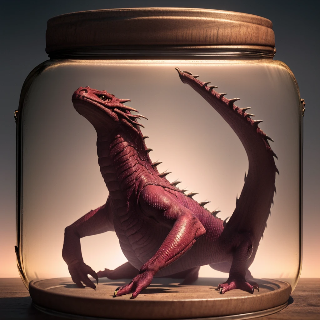 (An intricate angry minidragon trapped in a jar with cap), (scaled humanoid dragon trapped in a jar with cap)atmospheric oliva lighting, on a white desk, 4k UHD, dark vibes, hyper detailed, vibrant colours red sky background, epic composition, octane render, sharp focus, high resolution isometric, closeup view.