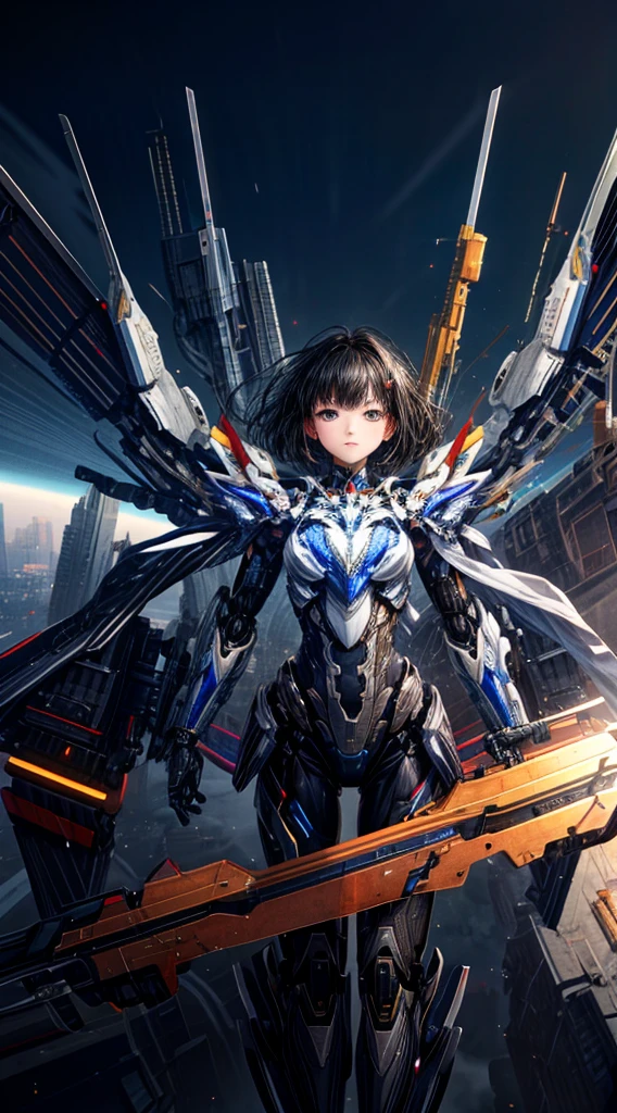 Highest quality ,masterpiece, shape, Very delicate and beautiful, Very detailed ,CG ,Unity ,8k wallpaper, wonderful, finely, masterpiece,Highest quality,Official Art,Very detailed CG Unity 8k wallpaper,Confused, incredibly Confused, Very detailed, High resolution, Very detailed,Beautiful detailed girl,The light shines on your face, 1 girl, Mecha, armor, Mechanical_body, Black Hair, Spaceship, city, cyber punk, star_null,