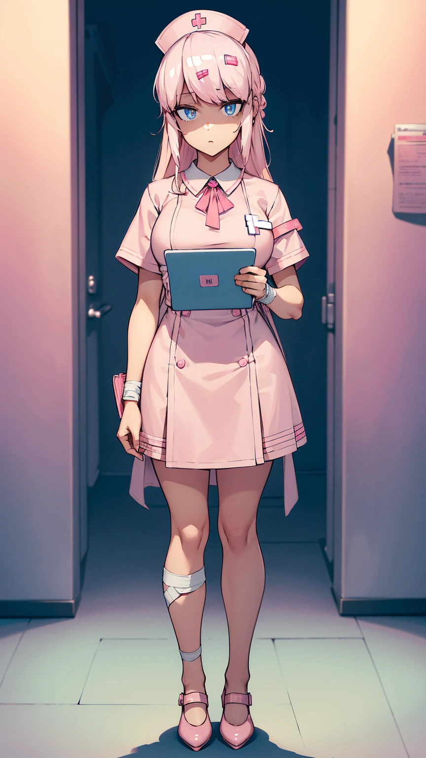 ((masterpiece)), ((Best quality)), (a high resolution:1.3), (Professional photography:1.2), 1 girl (Bianca Abercrombie), One, Bandage, cross Bandage, high heel shoes (pink shoes ), pink long hair, Blue eyes, pink pupils, shy, bare thighs, Pink nurse clothes, nurse cap, (nurse uniform), Cross decoration, nurse, standing, hold tablet, Clinic