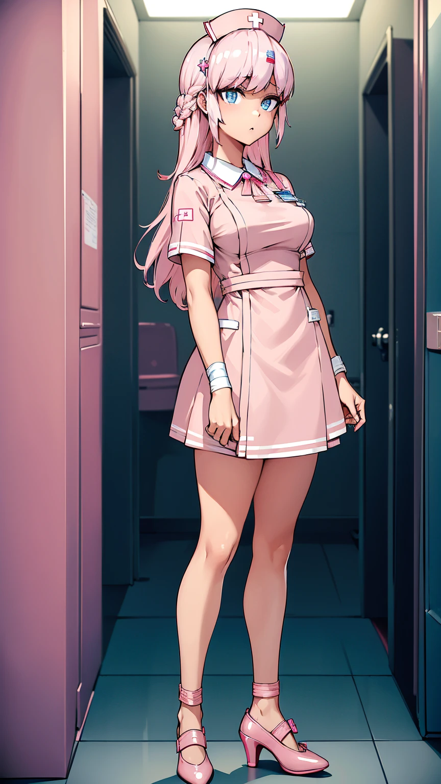 ((masterpiece)), ((Best quality)), (a high resolution:1.3), (Professional photography:1.2), 1 girl (Bianca Abercrombie), One, Bandage, cross Bandage, high heel shoes (pink shoes ), pink long hair, Blue eyes, pink pupils, shy, bare thighs, Pink nurse clothes, nurse cap, (nurse uniform), Cross decoration, nurse, standing, hold tablet, Clinic