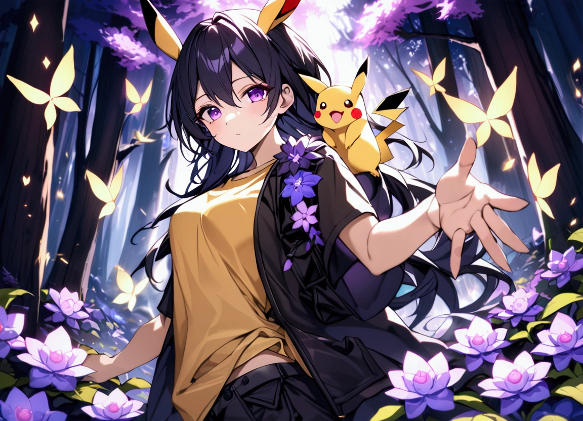 Male and female with yellow tshirt, pikachu on shoulder, forest,purple dark light, absurdres, highres, ultra detailed, HDR, master piece, best quality, black hair, expressive purple eyes, black clothes, magical, fantasy, shining, purple flowers, blossoms, yellow butterflies, medium shot