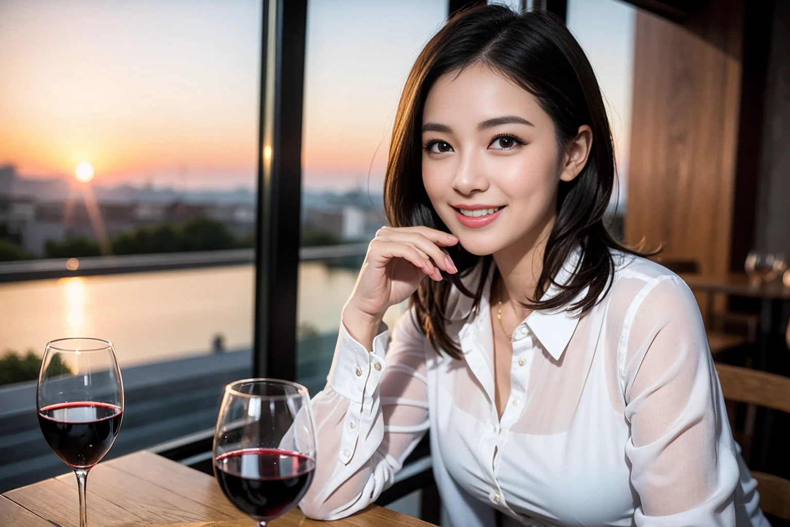 ((Highest quality、8K、masterpiece:1.3))、Shortcuts、cute、slimカップル、modelカップル、actress男優、(Realistic, Intricate details:1.2), full-course dinner、Wine Party、Amazing view of the sunset sky and clouds、A bright smile、short hair,Bright Face、 (Age 45), 42 years old, red wine 、Appetizers、Italian food、Wine bottle、Champagne、sparkling wine、Two beauties、Brown Hair、Shortcuts、Long sleeve shirt、dress、Beautiful woman 1, (slimな顔), (The body is slim), (Brown Hair), (Shortcuts), cheeks turn a little red,Attractive beauty、restaurant, In a prominent place (From the waist up) Nova Frog Style, actress, model, Upper Body, White wine, slim, wine glass, 中央に置かれたwine glass, smile, (smile: 1.15), Beautiful fine grain, Depth f/2,saturation, High Contrast, Strong light and shadow,Moist Body:1.5、3D texture、Delicate eyes、Brown Hair、The hair is very shiny、