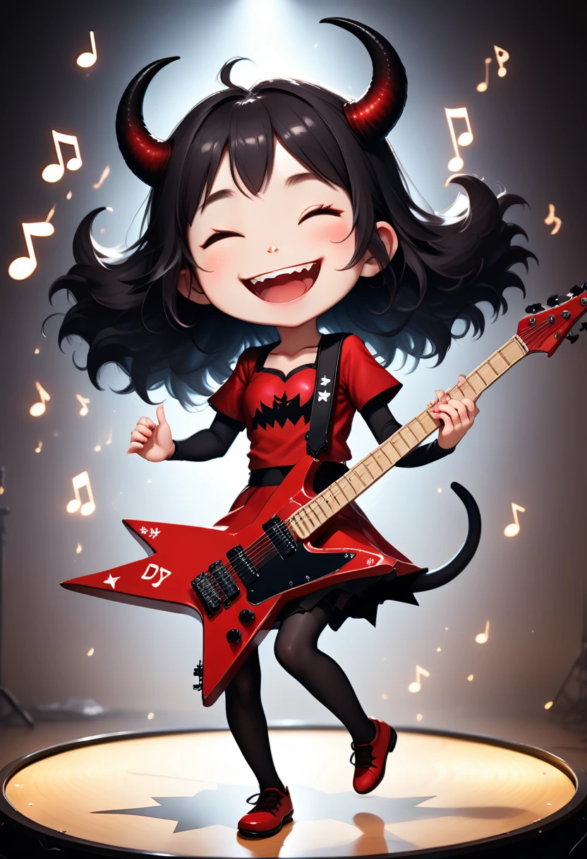 score_9, score_8_up, score_7_up, score_6_up, score_5_up, score_4_up, cute devil girl, happy smile, playing star-shaped body electric guitar, saying "thank you", saying "happy", dancing notes, fun party, hzk