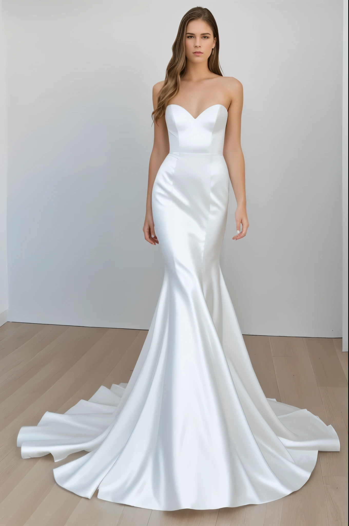 Best quality, 8k, 32k, Masterpiece, Masterpiece, (Photorealistic: 1.4), RAW photo, ultra realistic, 1girl, Fashion model, Wearing a long mermaid wedding dress, satin fabric, full length view, pose Stand upright in white room with a minimalist design, featuring white walls and a clean, modern aesthetic.