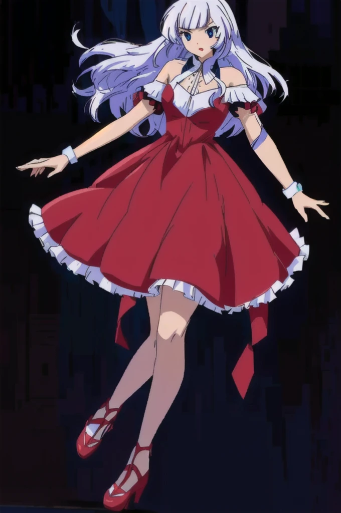 a woman in a red dress, in dress, cute anime waifu in a nice dress, fine details, anime full body illustration, female anime character, white hair, blue eyes, blue and white pattern in red dress