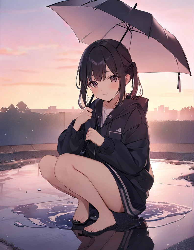 A soft touch to painting、超High resolution, Attention to detail, high quality, High resolution, 最high quality, 4K, 8K,Road after the rain、sunset、Holding an umbrella、Puddle and girl、whole body