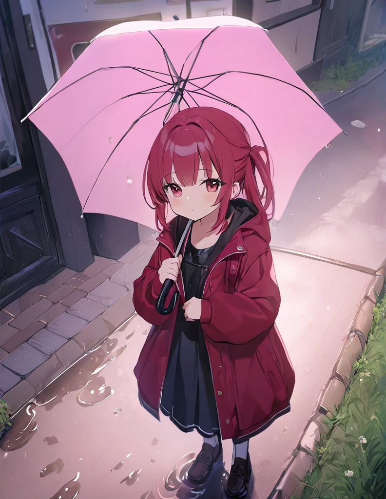 A soft touch to painting、超High resolution, Attention to detail, high quality, High resolution, 最high quality, 4K, 8K,Road after the rain、sunset、Holding an umbrella、Puddle and girl、whole body