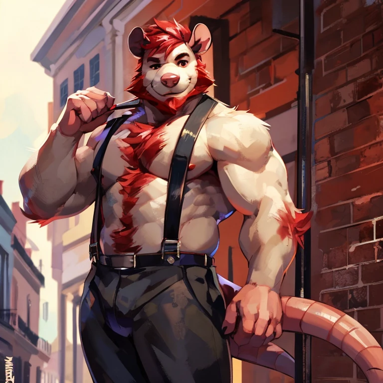 Solo, Medium muscular, Possum, short blood red hair, blood red beard, Small mustache of a blood-red, blood red chest fur, Dark gray fur and Cream color fur, pinkish red and black eyes, pants with suspenders, Shirtless, In New Orleans, By mystikfox61