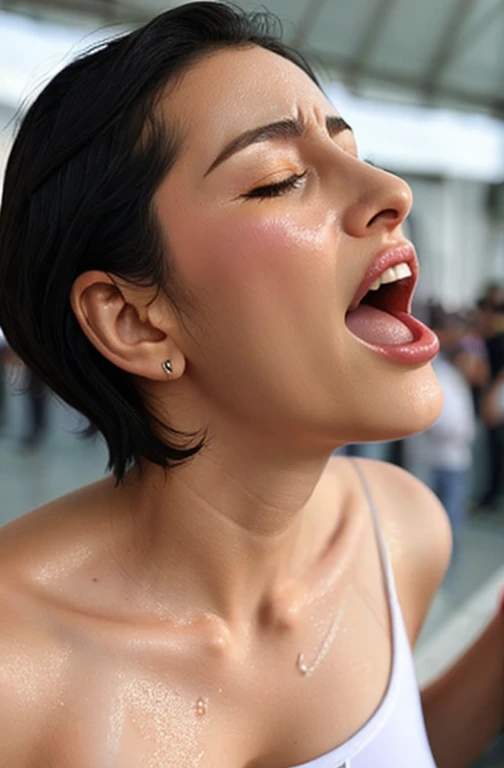 Pieces fly,Award-winning photo, Very detailed, Edge Orgasm, Woman with open mouth and closed eyes , Sweaty skin、Lighting that highlights shiny sweat{{{Spread the word }}}, Black Hair、Browsing Caution,{{{{Crowd of male spectators,Surrounded by men,}}}},(Long, narrow nostrils)、