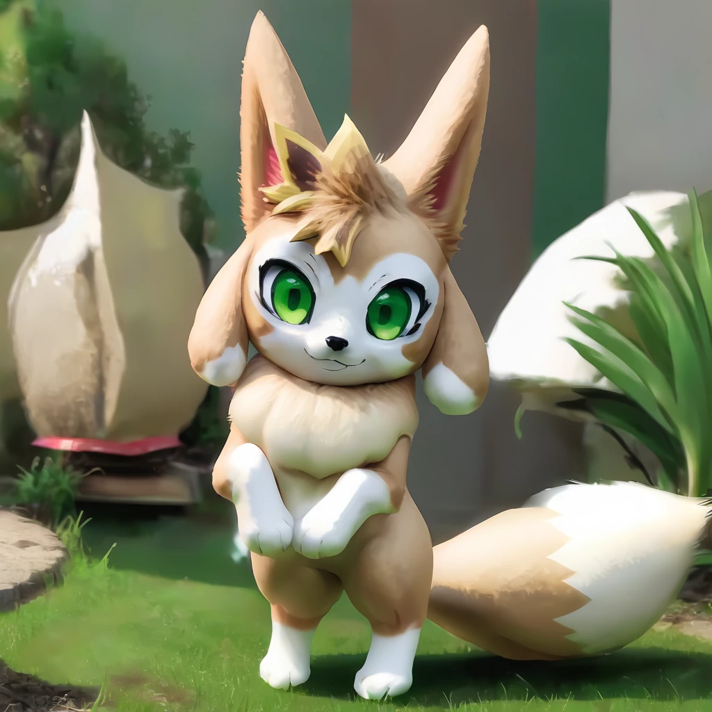 vxypwld style, cute vixy from palworld, big green eyes, beige and white fur, big fluffy tail, chest tuft, nsfw, canine pussy