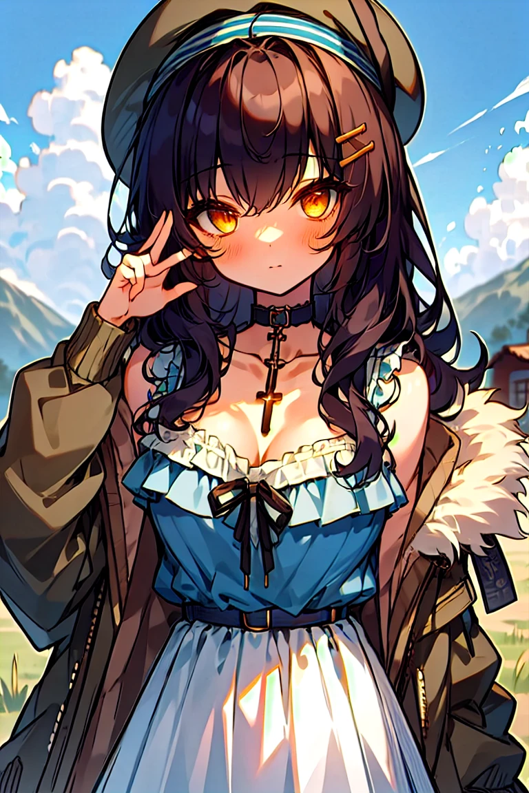 (masterpiece:1.2), (high quality:1.2), girls with((1girl, solo, black hair, yellow eyes, smiling, (wavy long hair, millitary beret, hairclips:1.3), blush, breasts, choker, cleavage, coat, cowboy shot, blue lace dress, camisole, ribbon waist belt, black ribbon belt, red bow, red ribbon, neck ribbon, collar, collarbone, rosary, rosary choker, cross, fur, fur trim, parka, khaki hoodie, green hoodie, khaki jacket, hood down, hooded coat, hooded jacket, hoodie, jacket, large breasts, long sleeves, medium breasts, open clothes, open coat,open hoodie, sleeveless, winter clothes, zipper, cleavage, upper body, hand up, waving, palm)), background with((architecture, blue sky, bush, castle, village, no humans, cloud, cloudy sky, day, field, garden, grass, hill, house, lamppost, landscape, mountain, mountainous horizon, nature, no humans, outdoors, scenery, shrine, sky))