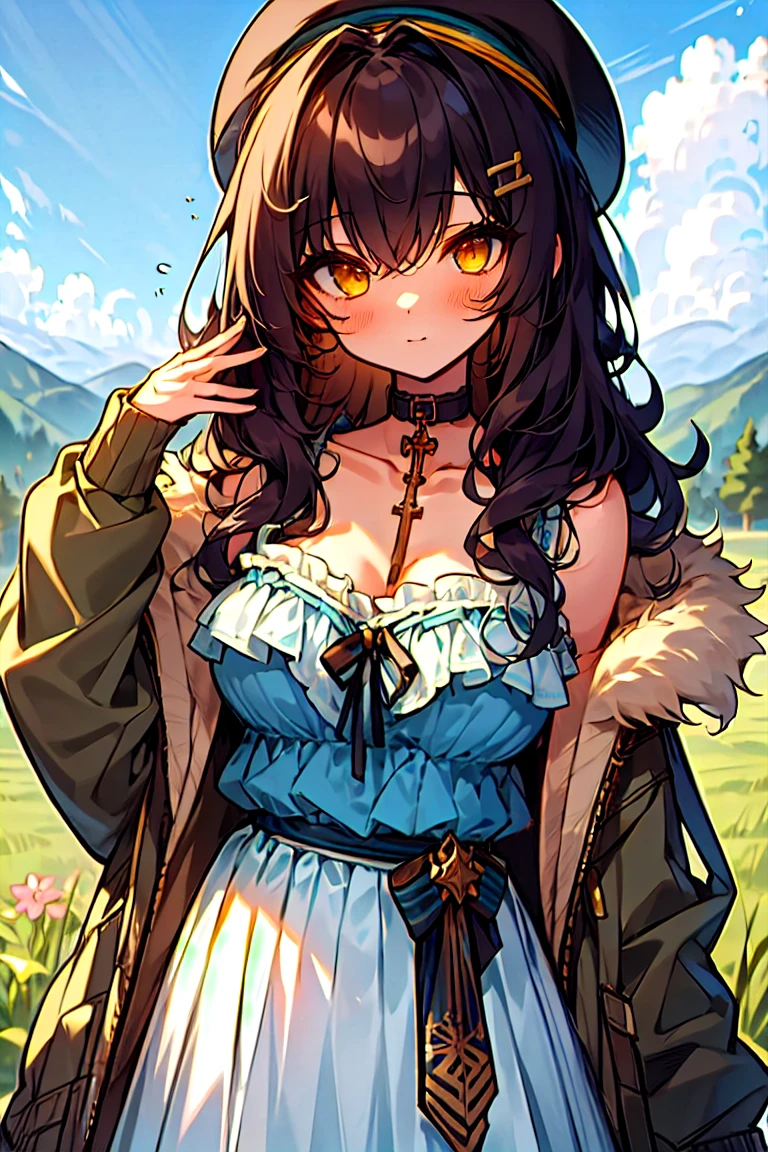 (masterpiece:1.2), (high quality:1.2), girls with((1girl, solo, black hair, yellow eyes, smiling, (wavy long hair, millitary beret, hairclips:1.3), blush, breasts, choker, cleavage, coat, cowboy shot, blue lace dress, camisole, ribbon waist belt, black ribbon belt, red bow, red ribbon, neck ribbon, collar, collarbone, rosary, rosary choker, cross, fur, fur trim, parka, khaki hoodie, green hoodie, khaki jacket, hood down, hooded coat, hooded jacket, hoodie, jacket, large breasts, long sleeves, medium breasts, open clothes, open coat,open hoodie, sleeveless, winter clothes, zipper, cleavage, upper body, hand up, waving, palm)), background with((architecture, blue sky, bush, castle, village, no humans, cloud, cloudy sky, day, field, garden, grass, hill, house, lamppost, landscape, mountain, mountainous horizon, nature, no humans, outdoors, scenery, shrine, sky))