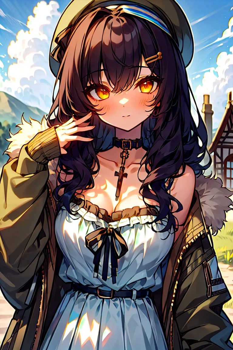 (masterpiece:1.2), (high quality:1.2), girls with((1girl, solo, black hair, yellow eyes, smiling, (wavy long hair, millitary beret, hairclips:1.3), blush, breasts, choker, cleavage, coat, cowboy shot, blue lace dress, camisole, ribbon waist belt, black ribbon belt, red bow, red ribbon, neck ribbon, collar, collarbone, rosary, rosary choker, cross, fur, fur trim, parka, khaki hoodie, green hoodie, khaki jacket, hood down, hooded coat, hooded jacket, hoodie, jacket, large breasts, long sleeves, medium breasts, open clothes, open coat,open hoodie, sleeveless, winter clothes, zipper, cleavage, upper body, hand up, waving, palm)), background with((architecture, blue sky, bush, castle, village, no humans, cloud, cloudy sky, day, field, garden, grass, hill, house, lamppost, landscape, mountain, mountainous horizon, nature, no humans, outdoors, scenery, shrine, sky))