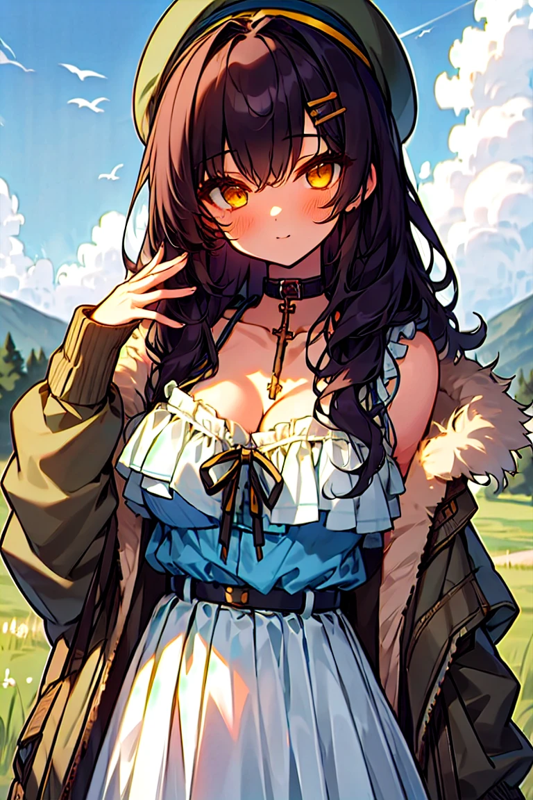 (masterpiece:1.2), (high quality:1.2), girls with((1girl, solo, black hair, yellow eyes, smiling, (wavy long hair, millitary beret, hairclips:1.3), blush, breasts, choker, cleavage, coat, cowboy shot, blue lace dress, camisole, ribbon waist belt, black ribbon belt, red bow, red ribbon, neck ribbon, collar, collarbone, rosary, rosary choker, cross, fur, fur trim, parka, khaki hoodie, green hoodie, khaki jacket, hood down, hooded coat, hooded jacket, hoodie, jacket, large breasts, long sleeves, medium breasts, open clothes, open coat,open hoodie, sleeveless, winter clothes, zipper, cleavage, upper body, hand up, waving, palm)), background with((architecture, blue sky, bush, castle, village, no humans, cloud, cloudy sky, day, field, garden, grass, hill, house, lamppost, landscape, mountain, mountainous horizon, nature, no humans, outdoors, scenery, shrine, sky))