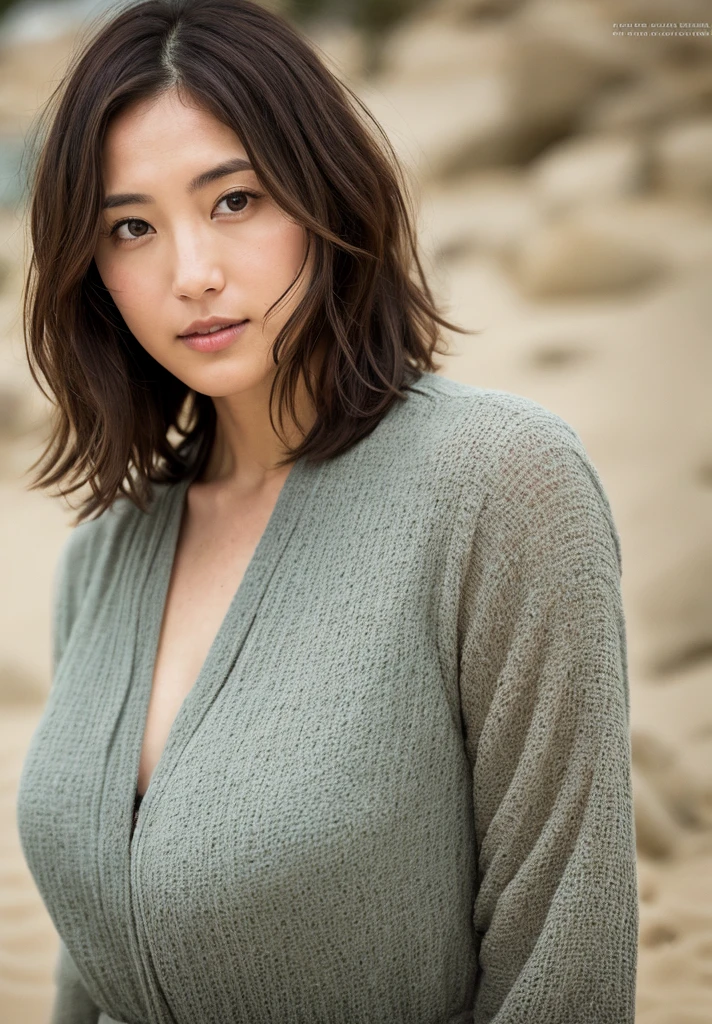 ((Highest quality)), Idol, Clear contours, Woman with beautiful face, (((One Girl,alone))), ((Beautiful brown eyes)), Detailed explanation,Focus on the eyes、Bob Hair、Anatomically correct body,Tight waist、Open leg multi-layer texture、Albedo and Specular Maps、Accurate simulation of lightweight material interactions with Octane Rendering、2-color light、Mine Fujiko,Beach