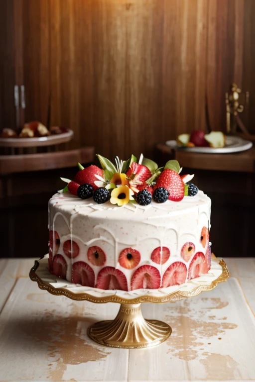 a luscious fruit jelly cake, flowers surrounding the cake plate, delicate cake slices, intricate cake decoration, vibrant colors, photorealistic, highly detailed, 8K, HDR, professional food photography, studio lighting, shallow depth of field, elegant, mouthwatering, appetizing, appetizing dessert, delectable confection