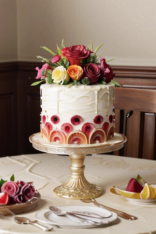 a luscious fruit jelly cake, flowers surrounding the cake plate, delicate cake slices, intricate cake decoration, vibrant colors, photorealistic, highly detailed, 8K, HDR, professional food photography, studio lighting, shallow depth of field, elegant, mouthwatering, appetizing, appetizing dessert, delectable confection