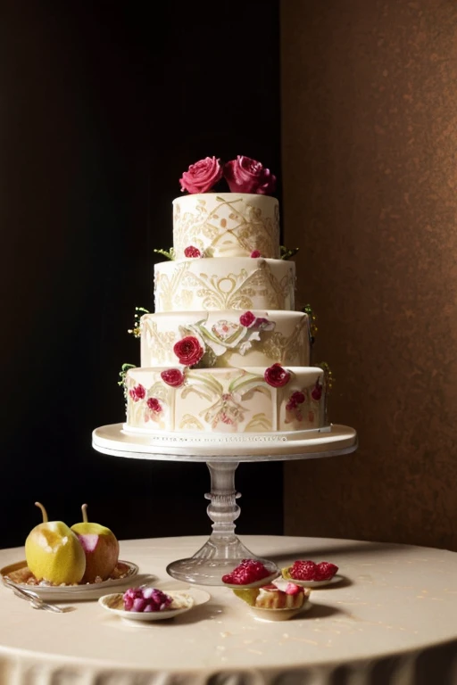 a luscious fruit jelly cake, flowers surrounding the cake plate, delicate cake slices, intricate cake decoration, vibrant colors, photorealistic, highly detailed, 8K, HDR, professional food photography, studio lighting, shallow depth of field, elegant, mouthwatering, appetizing, appetizing dessert, delectable confection