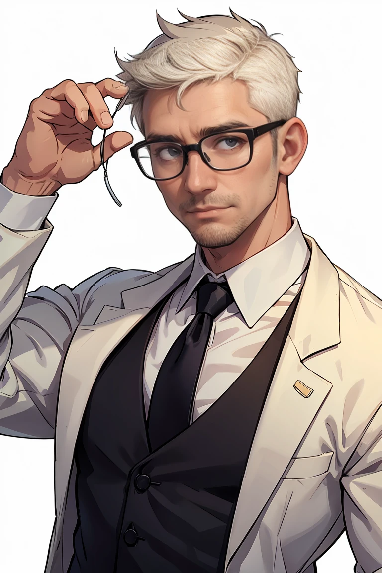 A 40 years old man, white button shirt, eye glasses, black tie, school principal