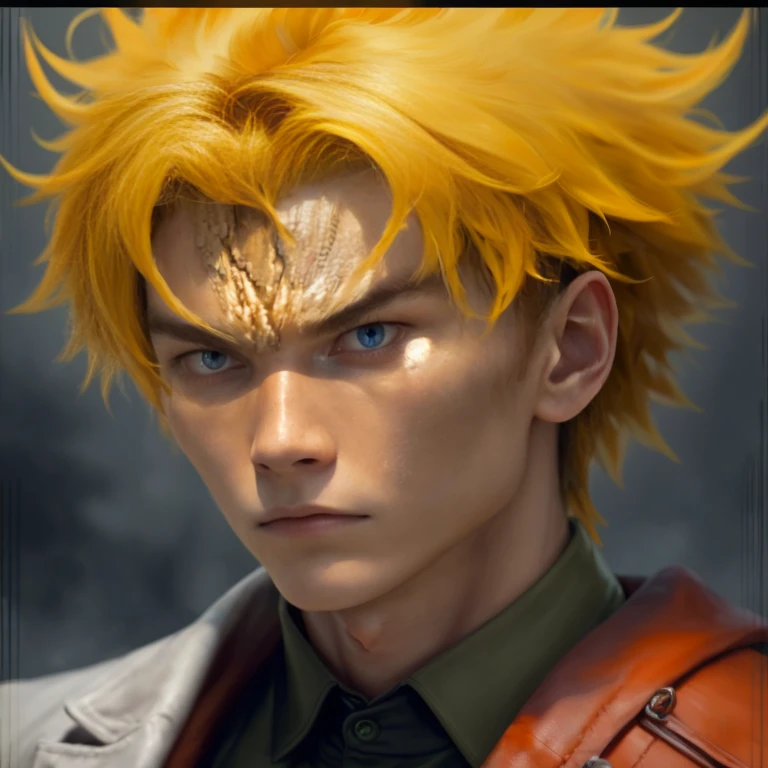 Photorealistic portrait of a young Hong Kong Asian man with an intense, expression. Dark, spiky hair styled upwards and backwards, creating a dramatic silhouette. Sharp, piercing dark brown eyes with a furious glare, eyebrows furrowed in anger. Strong, angular facial features typical of Cantonese Chinese ethnicity, with a pronounced jawline. Tanned or bronze skin tone common in Southern Chinese populations. Gritted teeth visible, showing determination or rage.
Wearing a high-collared olive green or khaki jacket or shirt. Background is a warm orange or amber color, creating contrast with the character.
Ultra-high detail skin texture, individual hair strands visible in the spiky hairstyle, and lifelike eye reflections. Dramatic lighting to emphasize facial contours and hair texture, creating strong shadows that accentuate the intensity of the expression. 8K resolution, photographic quality.