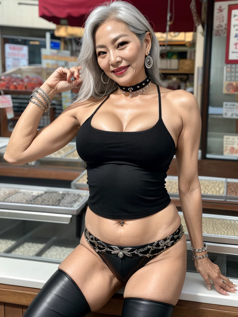 60 years old　mom　milf　Korean, Lady　large earring　Big choker　navel piercing decoration　A bracelet　Silver Hair　realisitic　Gorgeous Madame Beautiful Mature Woman　sexly　Smile　Gentle woman navel piercing　４K　High quality fish shop　Fish Market　sale       Black leather legging