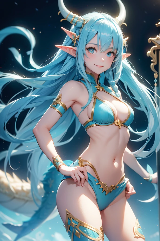 cute young girl, light blue hair, long hair, small braids hair, yellow eyes, dragon horn, dragon tail, elf ear, muscular body, big breast, smile, cute pose