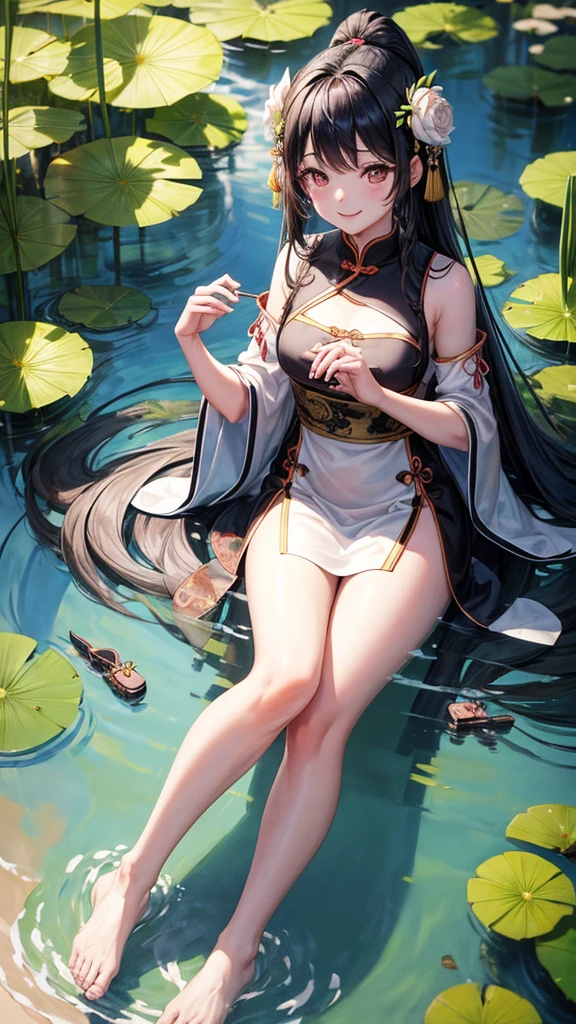 ((4k,masterpiece,best quality)), shuimobysim, traditional chinese ink painting, lotus, dress conservatively
2girl, twins,  long black hair, smile, sitting, feet in the water, barefoot,
 Three-dimensionality in the background.