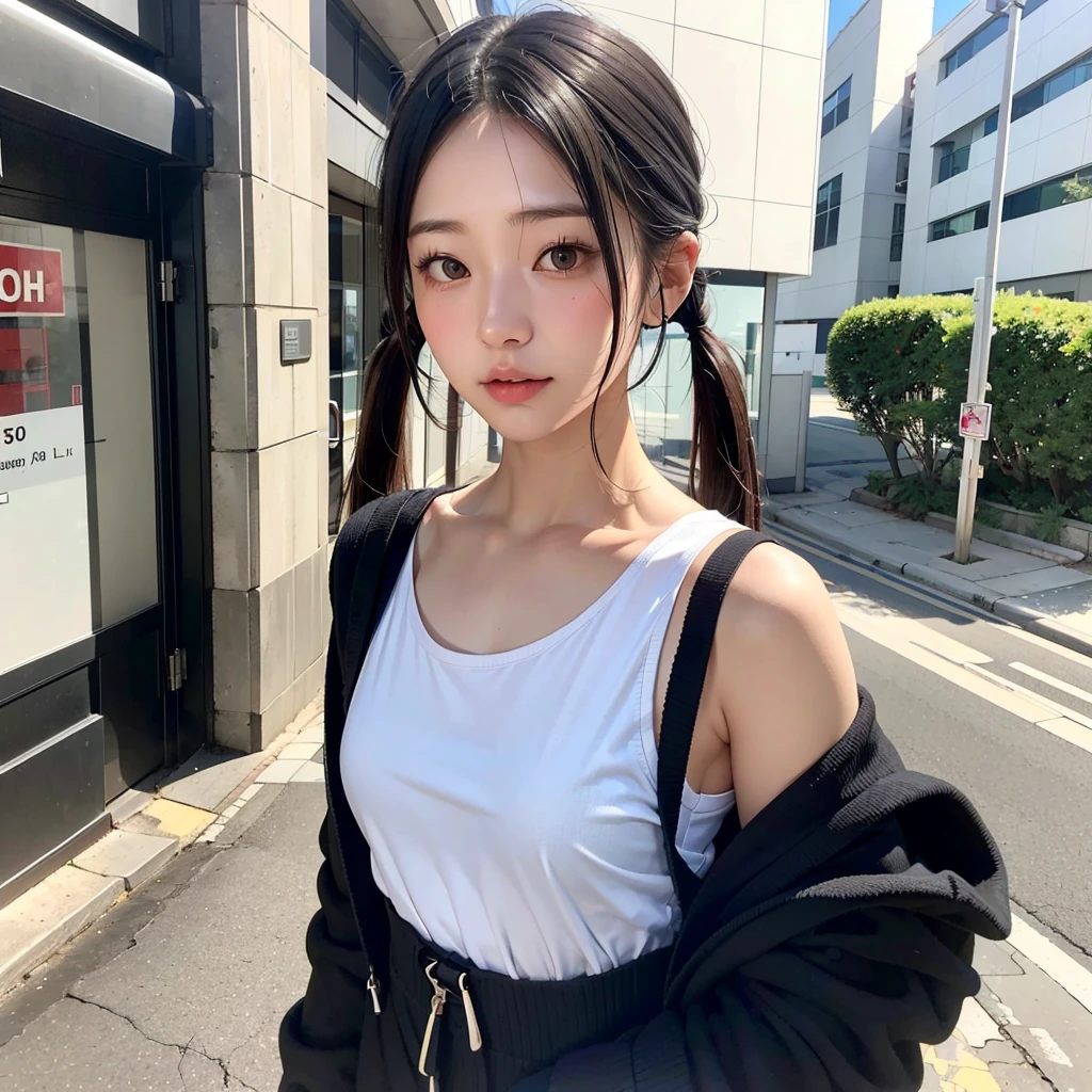 35-year-old Japanese woman、Black Hair、The hair is very short、Twin tails、High school girl cosplay、I have headphones on、flat chest、Realistic photos、Realistic、8K quality、tall、No bangs、Street Snap、Close-up of face、Afterschool