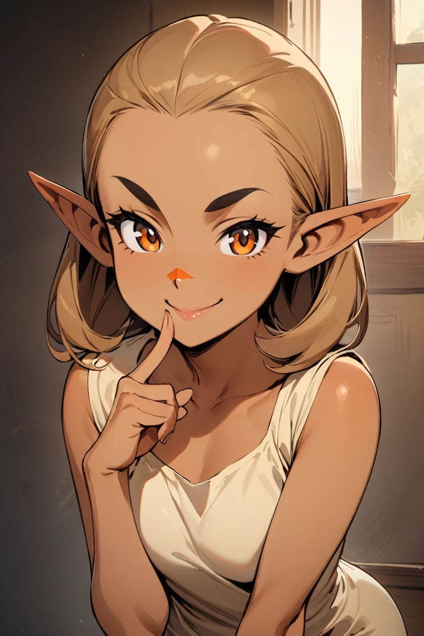 ((masterpiece,best quality)), upper body, smile, leaning forward, finger on lips, - **Eyes**: Almond-shaped, light brown with a hint of amber
  - **Nose**: Small, straight with a slight upturn
  - **Lips**: Medium, peach with a natural gloss
  - **Hair**: Shoulder-length, straight, dark blonde
  - **Skin Tone**: Olive with a warm undertone
  - **Eyebrows**: Thin, arched
  - **Cheekbones**: Soft and rounded
  - **Chin**: Small and pointed
  - **Ears**: Medium-sized and close to the head
  - **Expression**: Confident and charismatic
