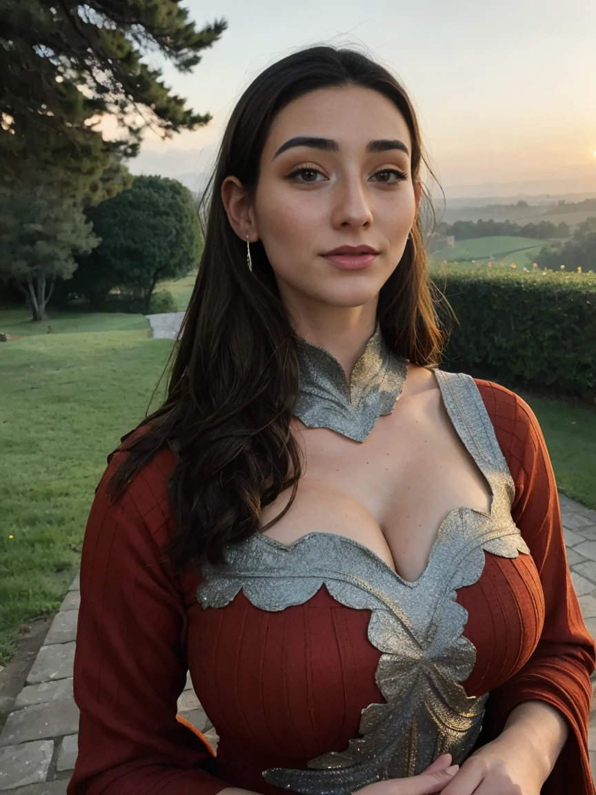 Beautiful and regal, imperious and aloof, busty athletic (thin) brunette queen with sharp facial features wearing a modest updo, dark red medieval dress, long sleeves, intricate patterns, embroidery, wide neck, crown, veil, long dress, modest dress, tight bodice, (silver waist chain), medieval jewelry, Middle Ages, castle, rampart, wall, exterior, on top of a castle wall, trees, countryside, evening, sunset.