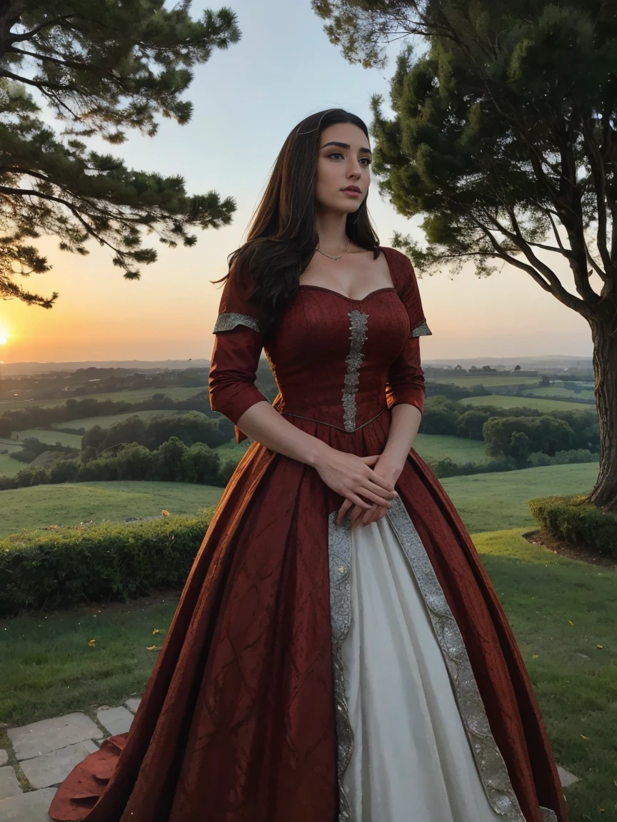 Beautiful and regal, imperious and aloof, busty athletic (thin) brunette queen with sharp facial features wearing a modest updo, dark red medieval dress, long sleeves, intricate patterns, embroidery, wide neck, crown, veil, long dress, modest dress, tight bodice, (silver waist chain), medieval jewelry, Middle Ages, castle, rampart, wall, exterior, on top of a castle wall, trees, countryside, evening, sunset.