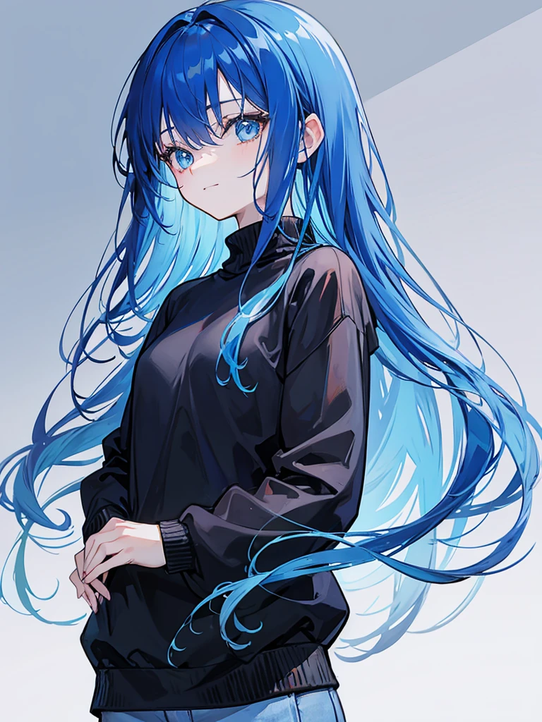 blue hair, long hair, portrait, casual look, girl, Honest and cool, transparent background, small smile, black jumper, standing posture