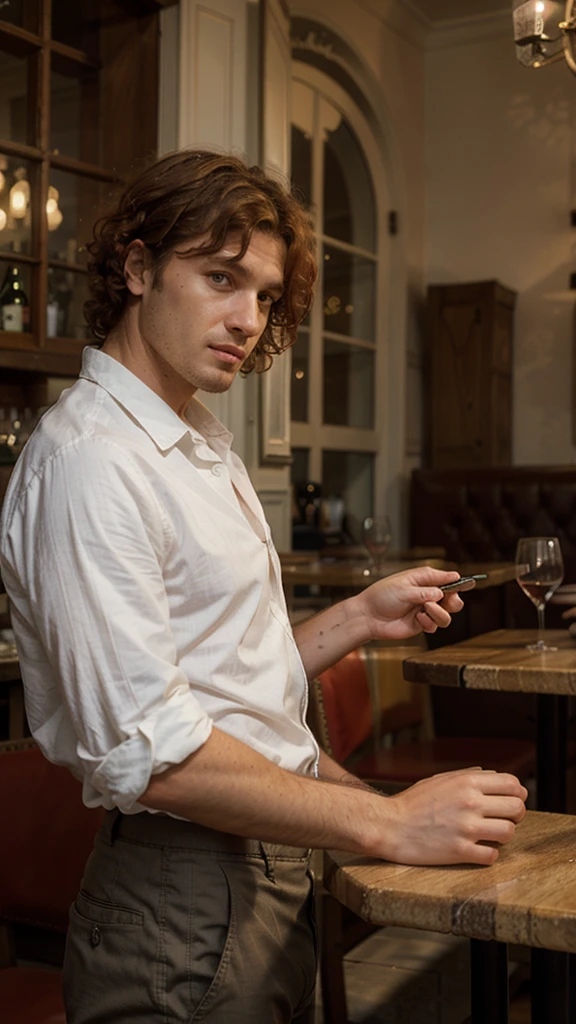 france man, red curly hair, looking for a bird, wearing shirt and trousers, view in the restaurant
