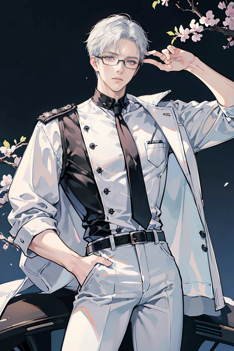 anime - (masterpiece), best quality, seductive eyes, mature face, black eyes, short slicked back white haircut, short length white hair, plain white t shirt, black leather jacket, black pants, glasses, tall man, long legs, masculine, broad shoulders, adult-like, full body, both hands on his pockets, bad boy, motorcycle
