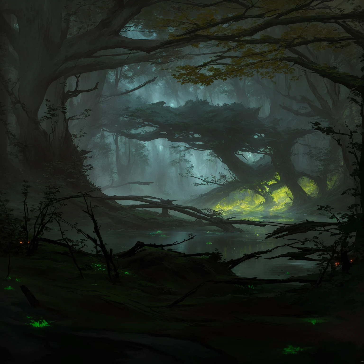 There is a painting，There is a forest in the painting，There is a river and a tree inside, Concept Art of a dark forest, environmental Concept Art, painted as a game Concept Art, environment Concept Art, Concept Art, Concept Art, dota 2 Concept Art, luminescent Concept Art, dark Concept Art, 2d Concept Art, environment and Concept Art, award-winning Concept Art