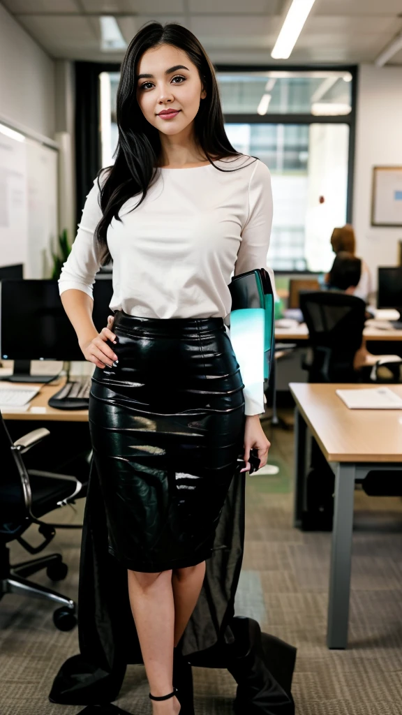 {
Full body view of a beautiful girl, 18 years old, dressed as a sexy secretary,
camera_angle: {Full body, front view, focusing on legs and outfit},
outfit: {tight white blouse, black pencil skirt, black high heels},
physical_description: {Slim body, long straight black hair, large green eyes, thin arched eyebrows, small upturned nose, thin pink lips, very fair skin, sweet beautiful face with a warm smile},
pose: {standing with one hand on hip, other holding a clipboard},
background: {modern office with desks, computers, and large windows}
}