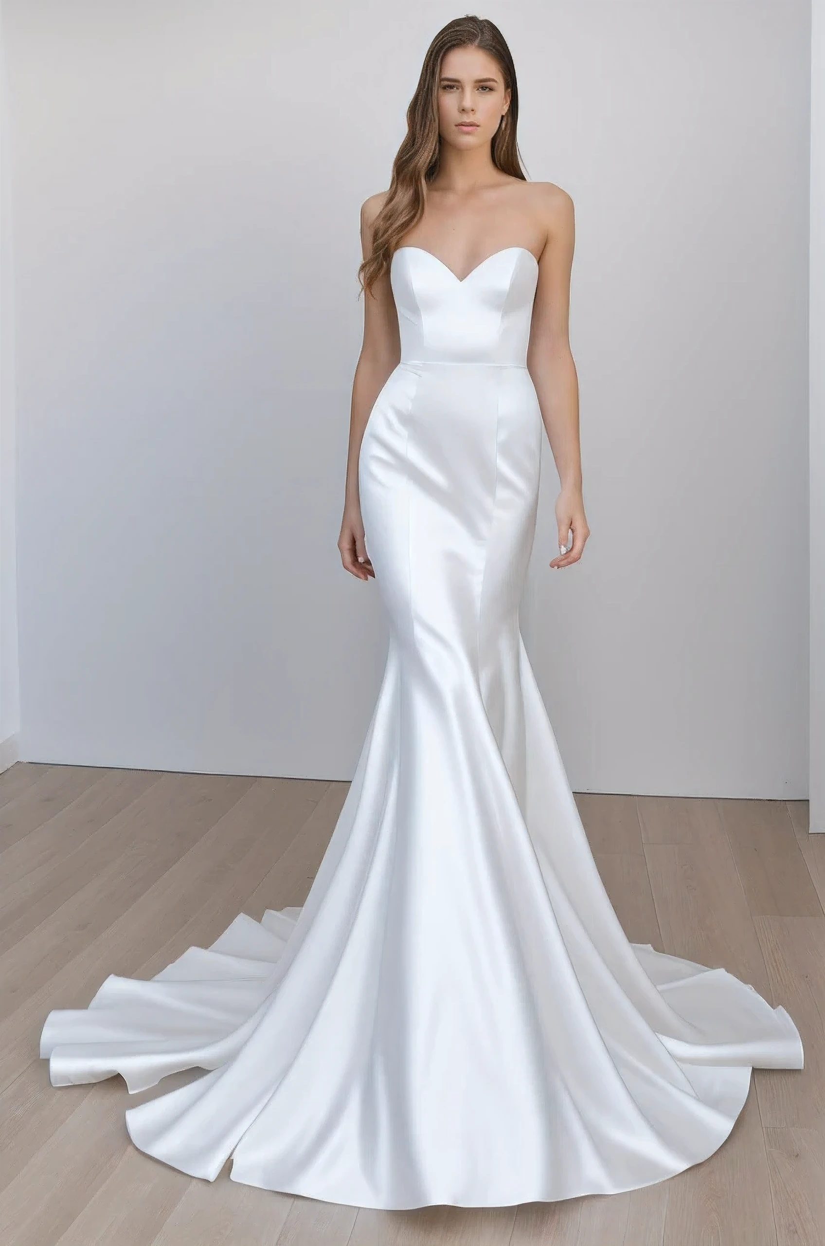 Best quality, 8k, 32k, Masterpiece, Masterpiece, (Photorealistic: 1.4), RAW photo, ultra realistic, 1girl, Fashion model, Wearing a long mermaid wedding dress, satin fabric, full length view, pose Stand upright in white room with a minimalist design, featuring white walls and a clean, modern aesthetic.