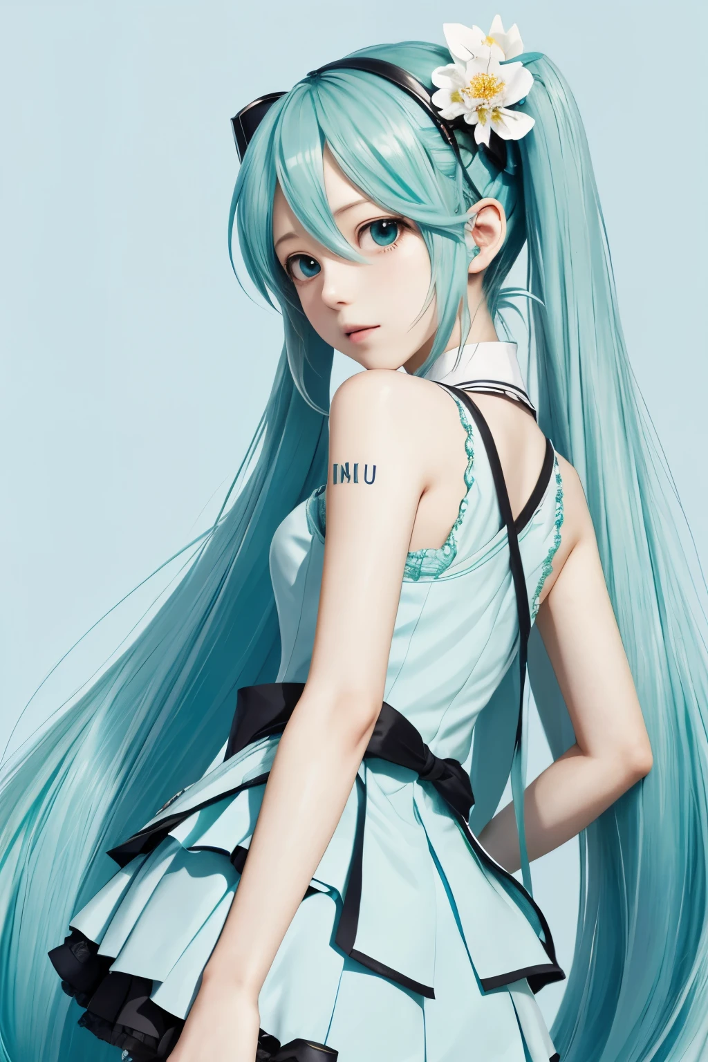 hatsune miku always doesn't wear panties, glad, ssmile, gaping mouth, singing, Dancing, highest quallity, high resolution. details Intricate,da highest quallity, Chromatic aberration, 1 girl in, standing alone, Wet skirt, hatsune miku, long hair, thighs thighs thighs thighs, twin-tail, detached sleeves, necktie, Thigh long boots, long boots, sleeveless, headphone headset, water eyes, pleatedskirt, water hair, whole body, sleeveless Shirt, fund, Very long hair, White background, black shoes, black thighighs, hair ornament