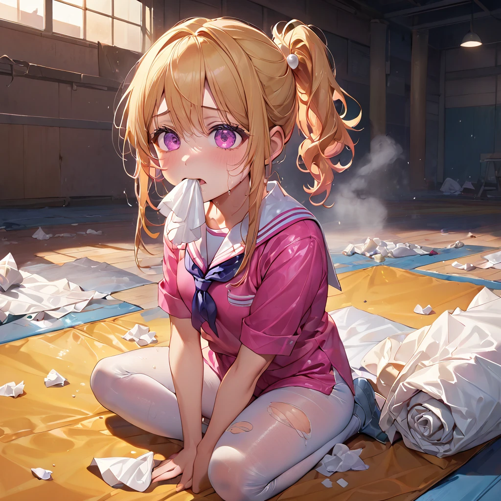 masterpiece, best quality, highres, in1, side ponytail, long hair, ahoge, white shirt, school uniform, blue skirt, long sleeves, red bow, white socks, standing, cowboy shot, outdoors, blush, open mouth, sick, vomiting, vomit,nausea, standing, outdoor ,park, (vomit:1.8), she vomiting to much, sad, vommiting from mouth, spit out a lot of brown liquid from the mouth, puddle of brown liquid, vomit stain