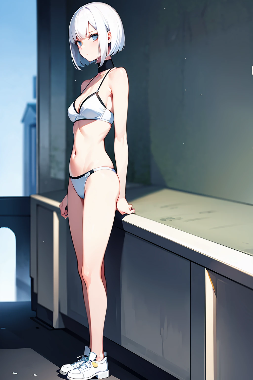 Expressionless,White Haired Woman,Short Bob,cool,One Woman,Facing forward,White Bikini,White skin,Highest quality,Anime Style