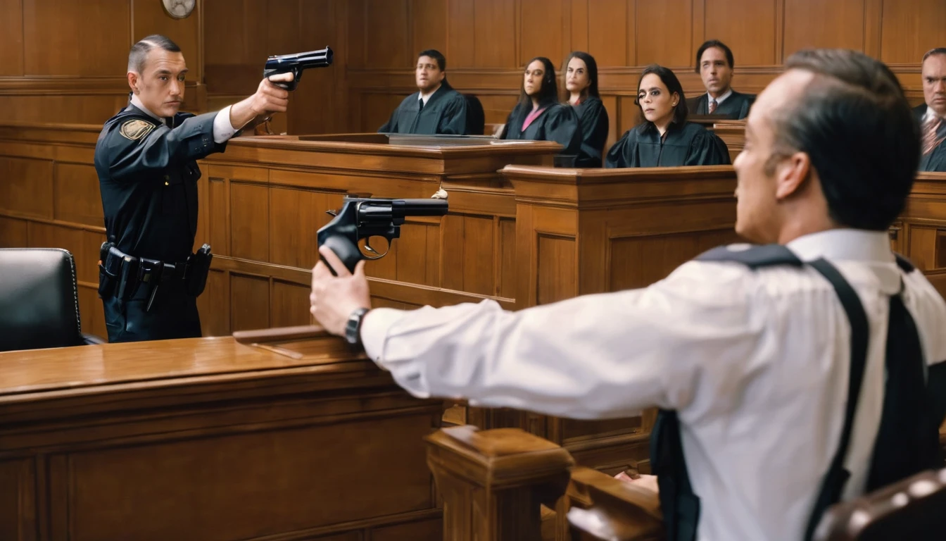 a man in a courtroom is holding a gun to a man in a judge uniform, courtroom scene, courtroom, murderous, in a courtroom, court session photo, court room, killer, courtroom the benc, youtube thumbnail, bank robbery movies, fujifilm”, murder, gruesome, realistic, blurred background