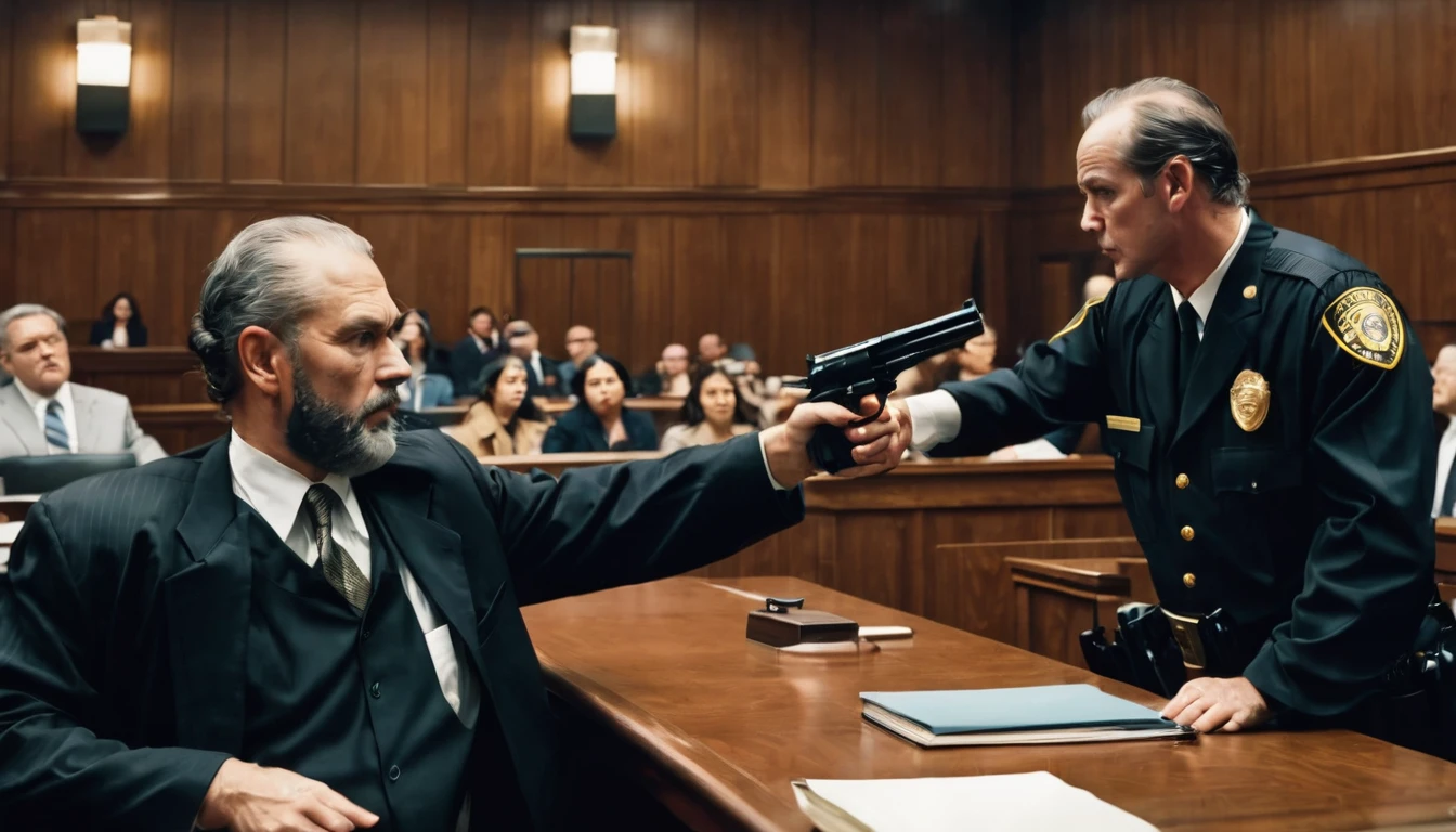 a man in a courtroom is holding a gun to a man in a judge uniform, courtroom scene, courtroom, murderous, in a courtroom, court session photo, court room, killer, courtroom the benc, youtube thumbnail, bank robbery movies, fujifilm”, murder, gruesome, realistic, blurred background
