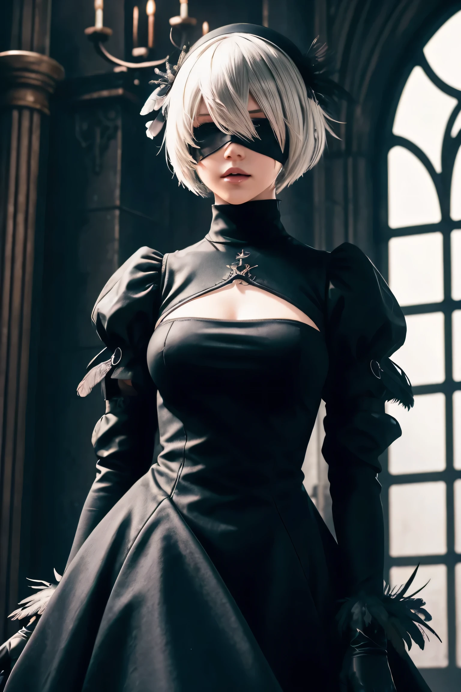 2B Nier Automata,Bobcut, Gray Hair,Long sleeve, Juliet Sleeve, White gloves, turtleneck, bangs, Feather ornament, Feather ornament sleeves, Blindfold, Black Goth Dress,Bird&#39;s-eye view,Japanese Ultra HD,super high quality,masterpiece,Digital SLR,Photorealistic,Detailed details,Vivid details,Depicted in detail,A detailed face,Detailed details,Super Detail,Realistic skin texture,Anatomical basis,Perfect Anatomy,Anatomically correct hand,Anatomically correct fingers,Complex 3D rendering,Sexy pose,Rainy Sky,Beautiful scenery,Fantastic rainy sky,Fantasy worldview,Picturesque,Pink Lips,Black butterfly々Fluttering,A ruined world,A devastated battlefield,ruins,