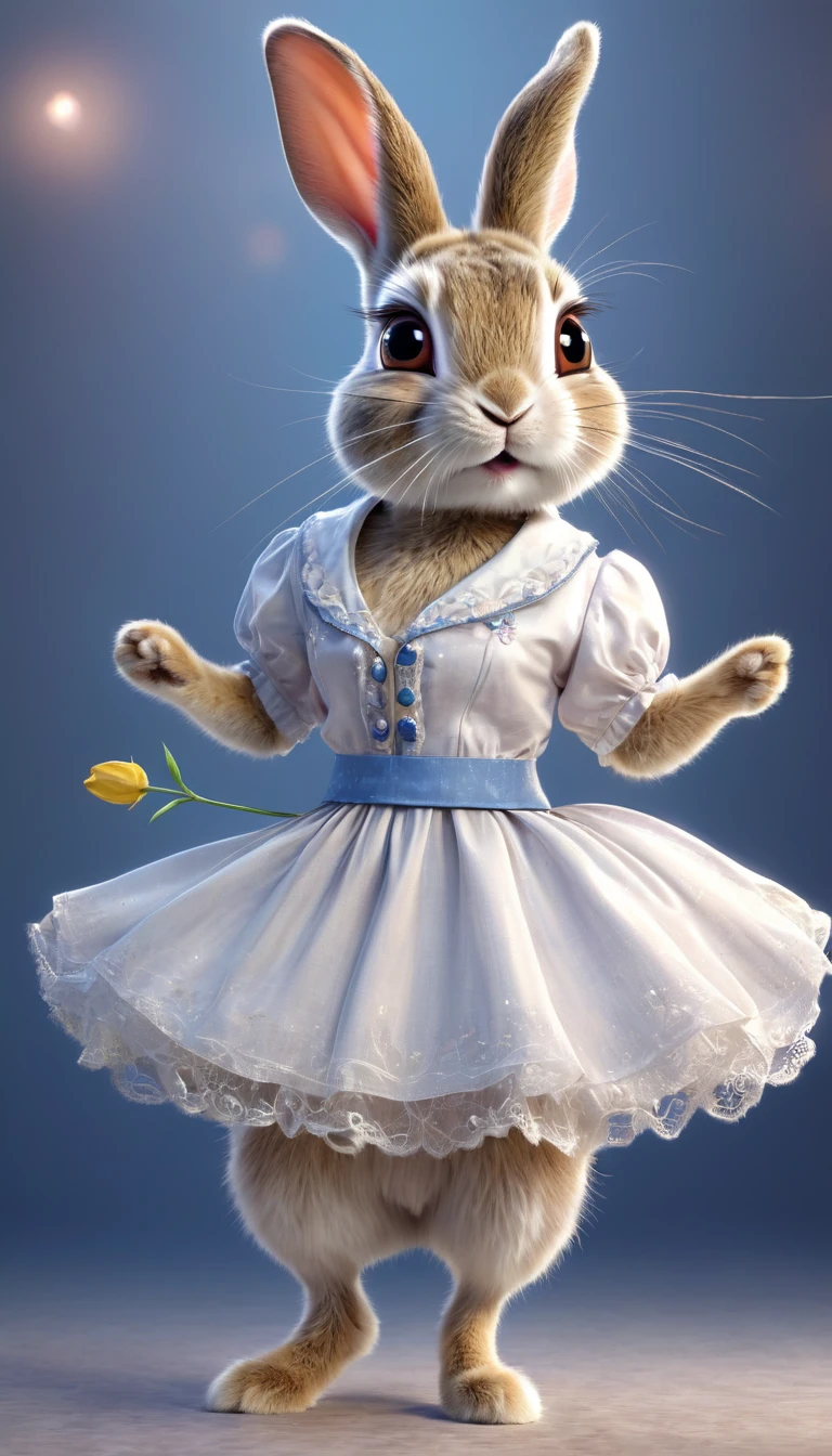 Rabbit in clothes, dancing rabbit, big eyes, cute, fairy tale, ((top quality)), ((masterpiece)), ((realistic, digital art)), (super detail),DonMBl00mingF41ryXL estate, ray tracing, high res, 8k