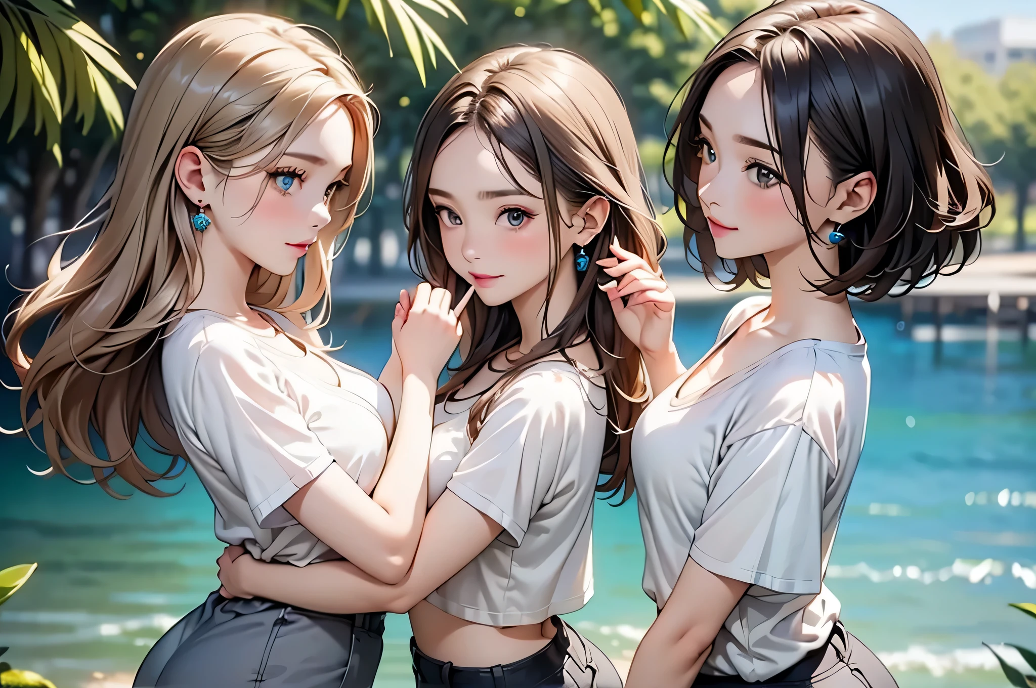 (Natural finger shape:1.5),4K,masterpiece,((Focus on the face)),((Symmetrical facial features)),Eye for detailed depiction,Beautiful woman,Excellent style,Beautiful feet,(Small Ass,Thin thighs),Facial detailing,Small earrings,((T-Shirts、hot pants)),A park with lush greenery in the early morning,(soft exercise),blue blonde,Close-up photo of the upper body,Two women lesbian play